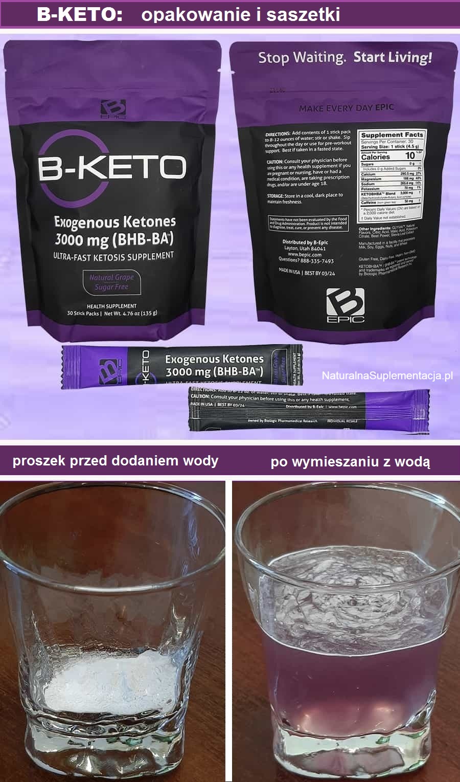 Zawartość saszetki produktu B-keto umieszczona w szklankach, przed wymieszaniem i po wymieszaniu produktu