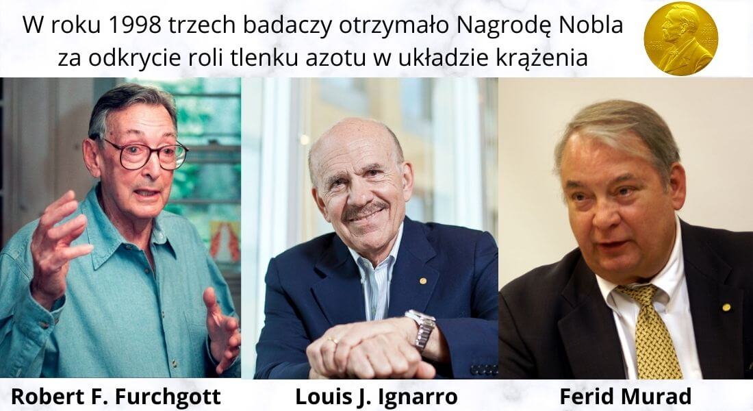Trzech badaczy którzy otrzymali nagrodę nobla za odkrycie tlenku azotu: Robert F. Furchgott, Louis J. Ignarro, Ferid Murad