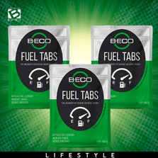 Trzy opakowania tabletek B-Eco Fuel Tabs, nowa szata graficzna opakowań