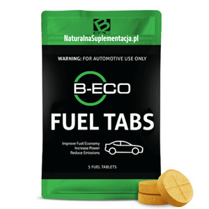Opakowanie B-Eco fuel tabs, obok leżą 3 tabletki