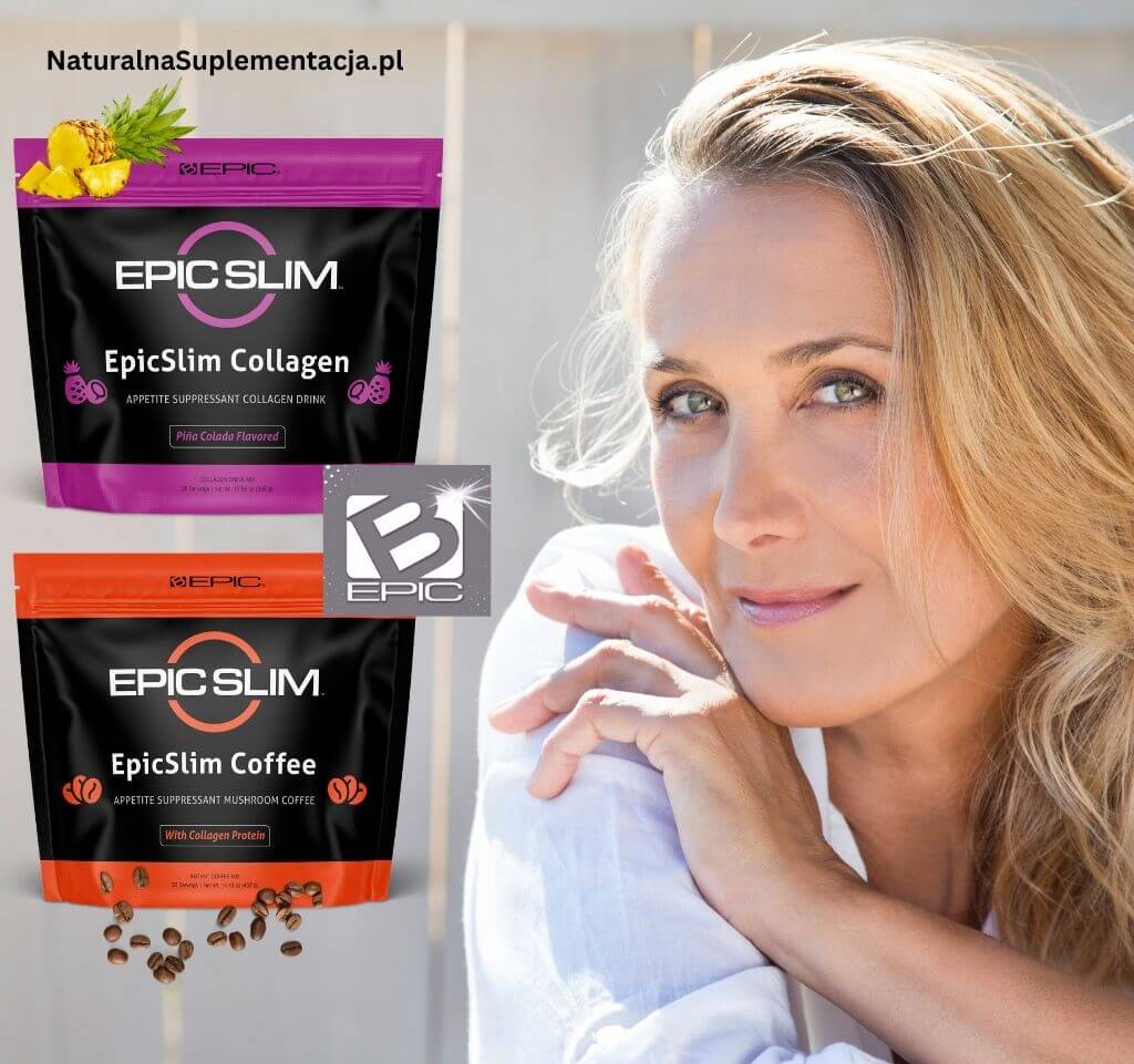 EpicSlim Coffee i EpicSlim Collagen - na tle kobiety z uwodzicielskim spojrzeniem w kierunku kadru