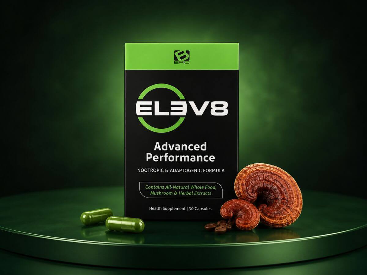 Suplement B-Epic Elev8 z zielonymi kapsułkami oraz składnikami formuły, w tym grzybem reishi