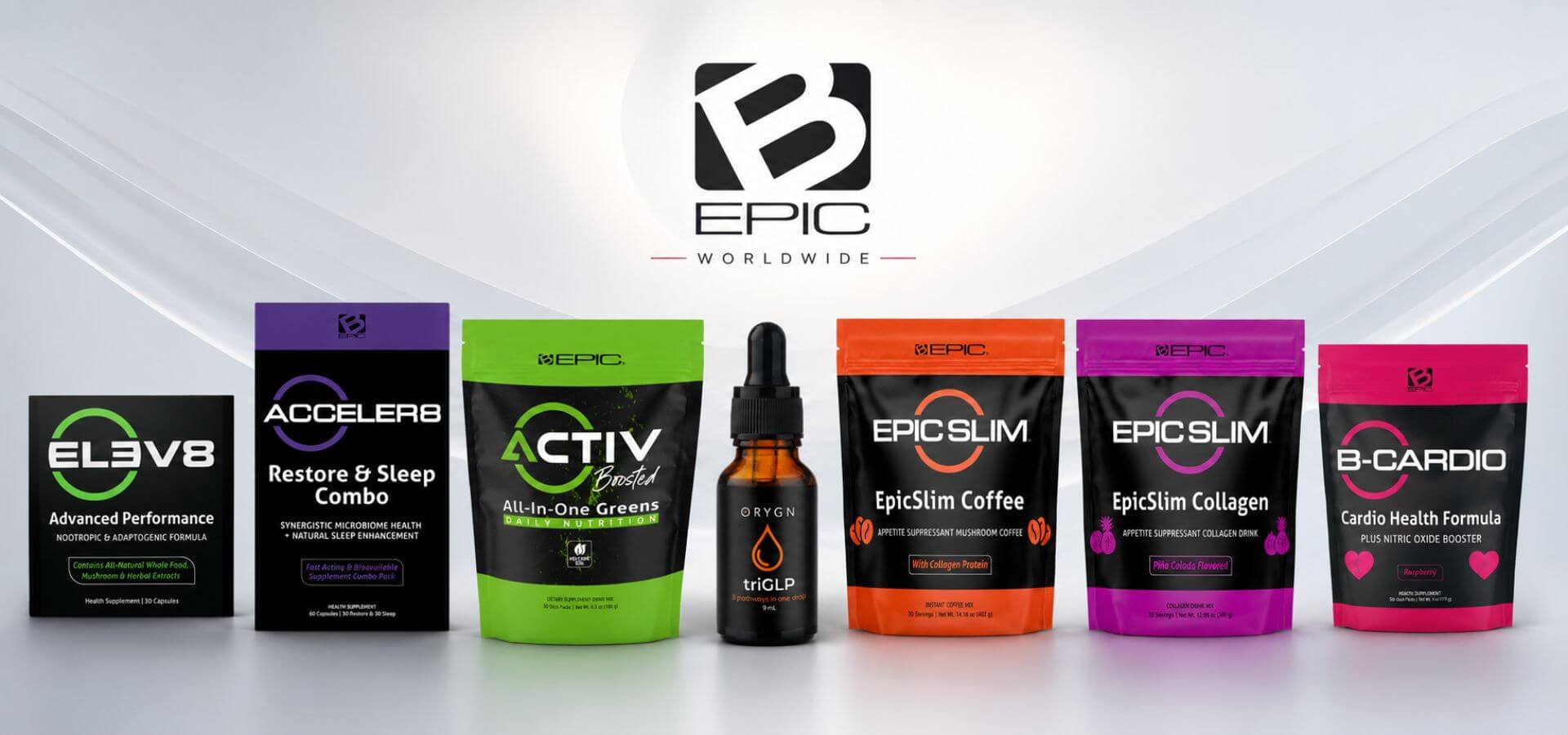 Productos de B-Epic Worldwide y ORYGN – Elev8, Acceler8, Activ Greens, triGLP, Epic Slim y B-Cardio
