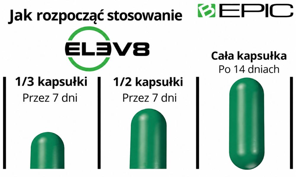 Esquema para comenzar a tomar B-Epic Elev8  : 1/3 de cápsula durante 7 días, 1/2 de cápsula durante 7 días y una cápsula completa después de 14 días